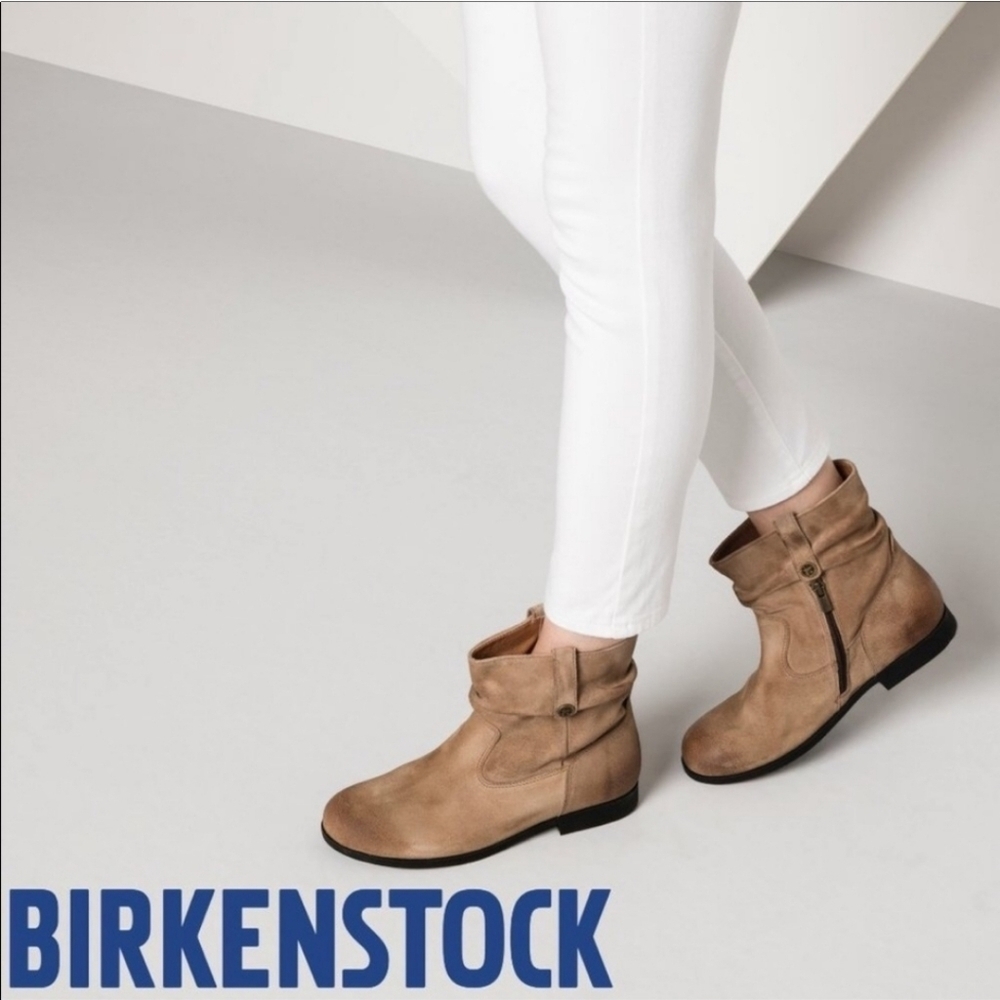 Birkenstock Sarnia Taupe Waxed Suede Leather Slouchy Boho Ankle Boots Booties 37